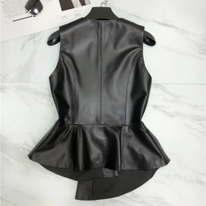 

OL 100% Designer Genuine Leather Vest Women Slim Double Breasted Short Waistcoat V-Neck Party Lady Sheepskin Sleeveless Jacket