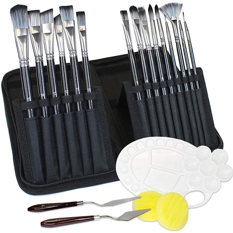 

Art Paint Brushes Set ,15 Paint Brushes, 2 Palette Knives,2 Sponges and 1 Paint Tray, for Acrylic Oil Gouache Paint