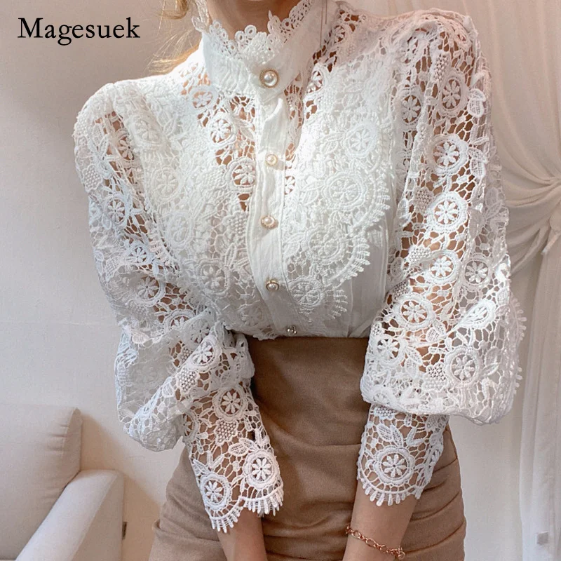 

Chic Button Hollow Out Flower Lace Patchwork Shirt White Top Stand Collar All-match Femme Blusas Petal Sleeve Women Blouse 12419