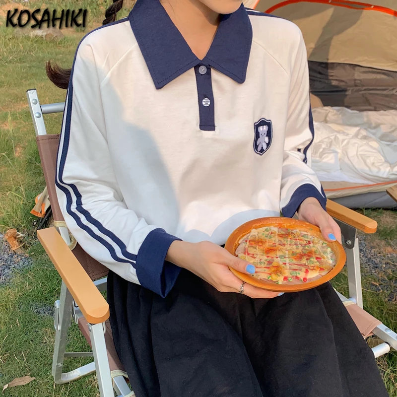 

KOSAHIKI Japan Stlye Kawaii Long Sleeve T-shirt Women Autumn New Korean Fashion Cartoon Bear Embroidery Harajuku Tops Tee Shirts