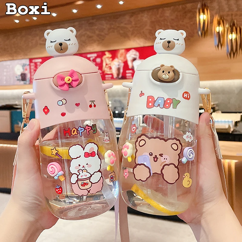 

500 ML Kawaii Bear Plastic Water Bottle With Straw And Strap Cute Kids Girls School Tour Anti-drop Leak Proof Drinking Water Cup