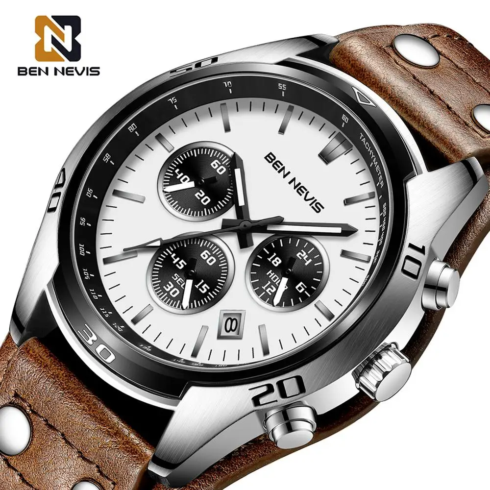 

BEN NEVIS Military Watch Men Quartz Wrist Watches Brown Leather Band Complete Calendar Big Dial Relógio Masculino