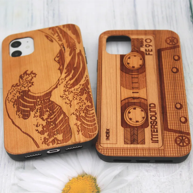

Cherry wood iphone 11 case pure natural bamboo wood hand-carved TPU phone carved protective case