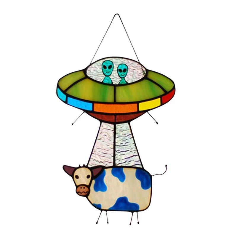 

Painted UFO Pendant Cow Stained Glass Suncatcher Window Panel Creative Door Hanging Garden Home Decoration