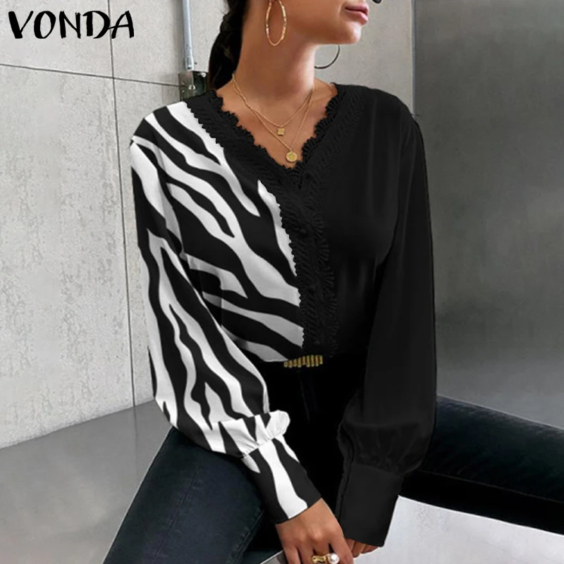 

Vintage Zebra Print Patchwork Tops 2021 VONDA Women Long Sleeve Sexy V Neck Party Blouse Bohemian Blusas Femininas Chemise Tops