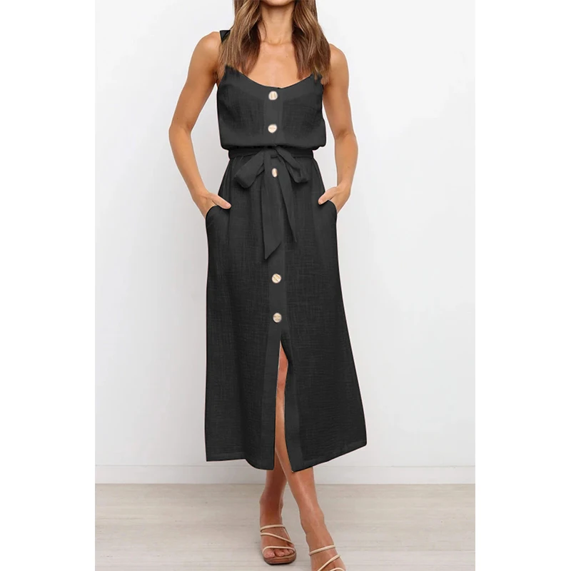 

Women Low Cut Long Dress Summer V-neck Sleeveless Backless Woman Button Cardigan OL Basic Dress Elegant Women Dresses Vestidos