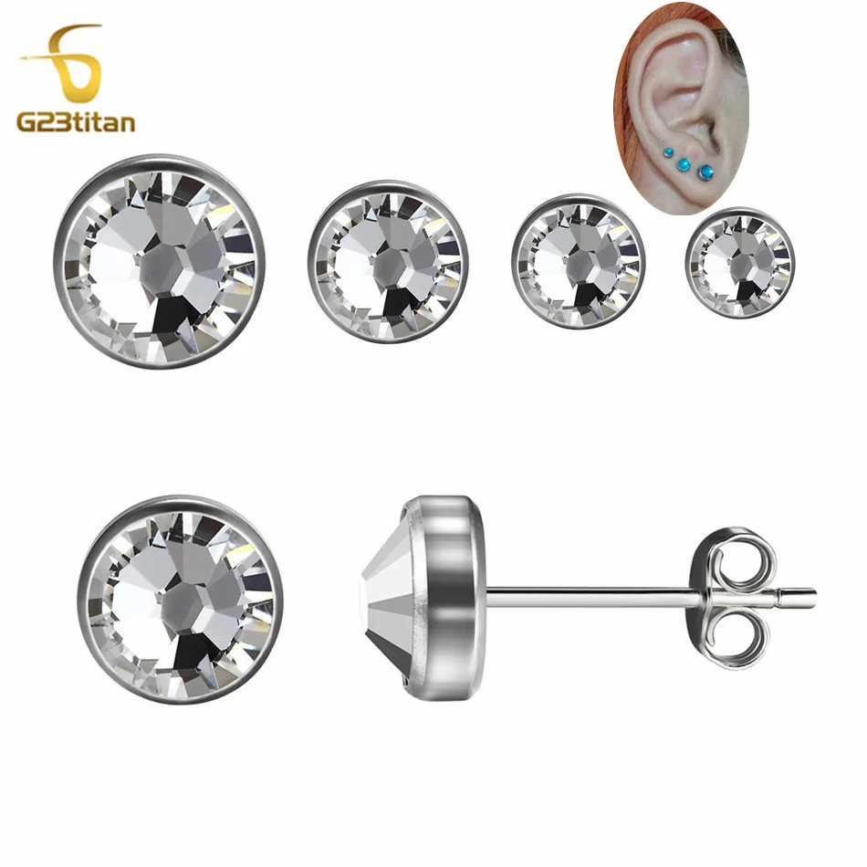 

3-8mm Cubic Zirconia Earring F136 Titanium Earrings for Men Women Girls Kids Hypoallergenic Ear Lobe Multi Piercing Stud 3 Hole