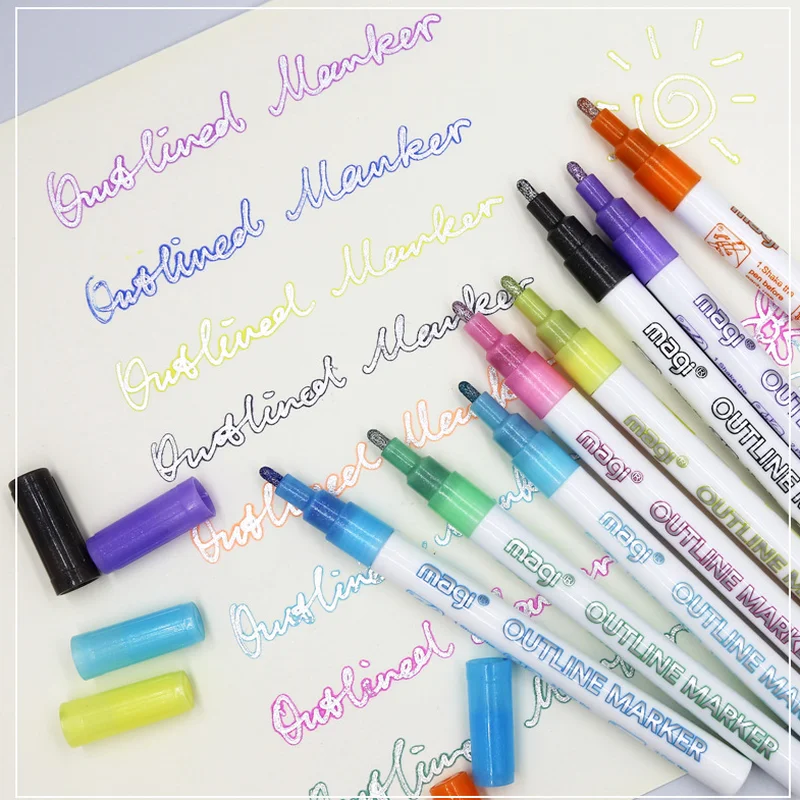 Double Line Fluorescent Paint Markers Glitter Marker Pen 12 Colors Whiteborad Round Toe Hand Account Outline | Канцтовары для офиса