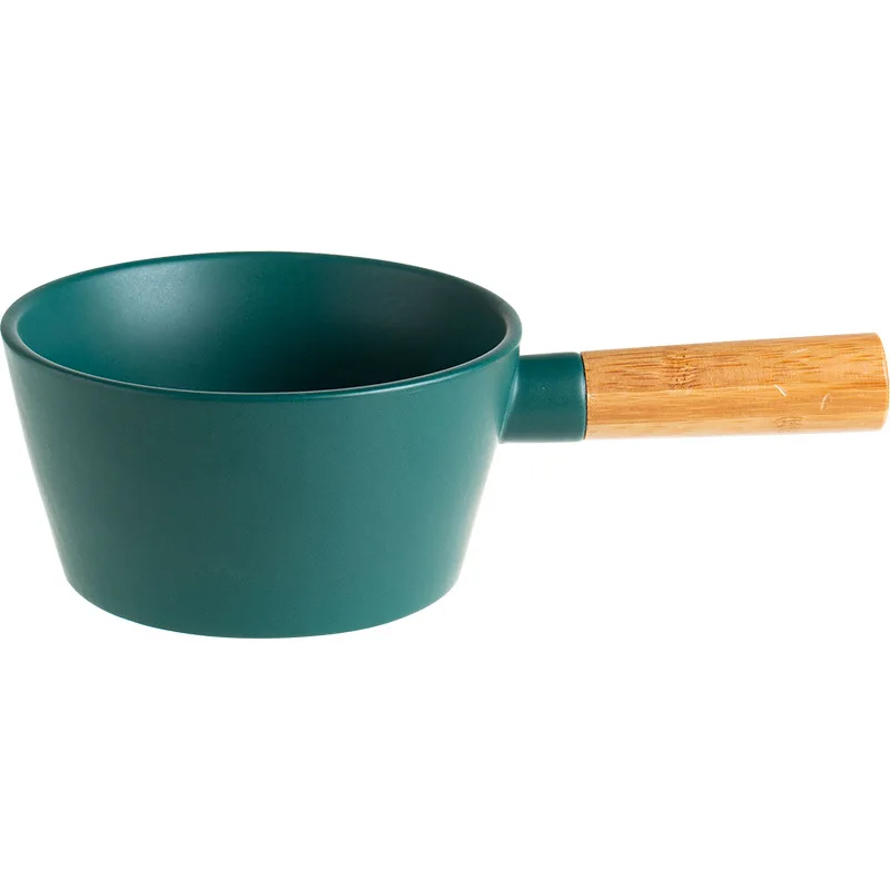 

2021 New Nordic bamboo handle ceramic breakfast bowl home salad bowl hand creative round fruit plate