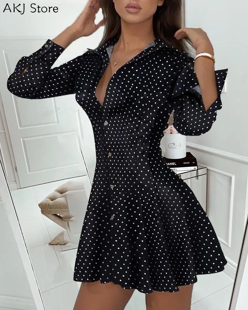 Женское элегантное Плиссированное Платье-рубашка с отложным воротником и