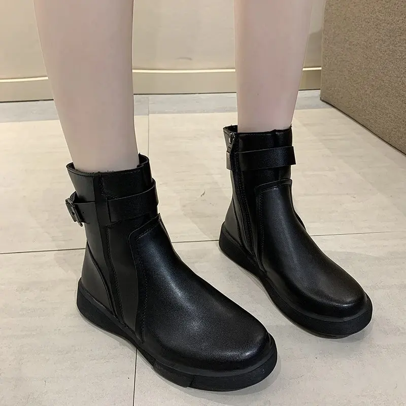 

Belt Buckle Strap Ankle Women Warm Loafers Ladies Short Plush Flat Boots Winter Female Platform Casual Shoes Women Botas Mujer