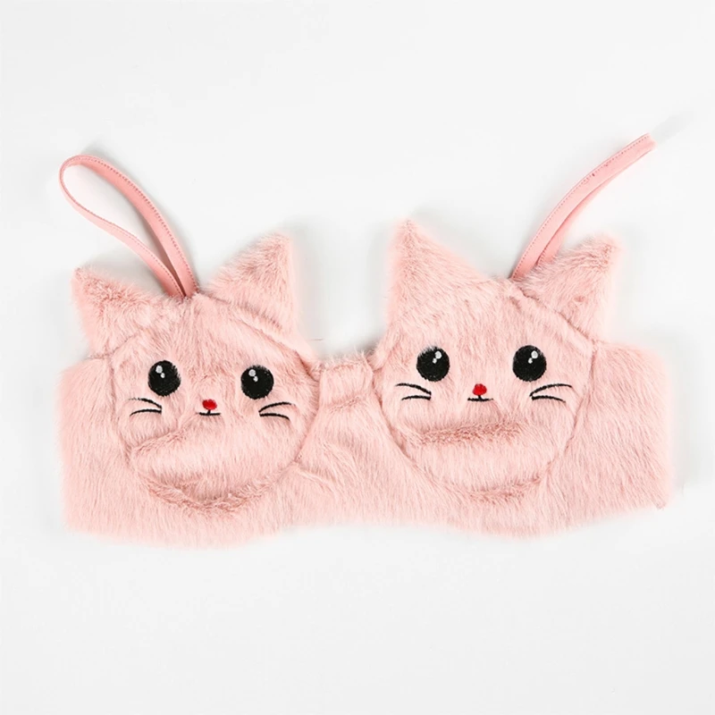 

Women Sexy Furry Plush Pink Bra Kawaii Cartoon Cat Embroidery Sling Bralette Rave Party Clubwear Bustier Crop Top Vest