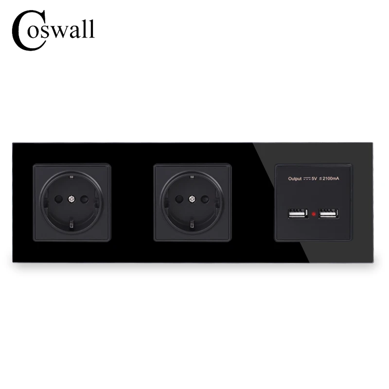Black COSWALL настенная Хрустальная стеклянная панель, двойная розетка 16А, европейская электрическая розетка, двойной USB, умный зарядный порт, 5 В, 2 А, выход, черный цвет - Тип: Black