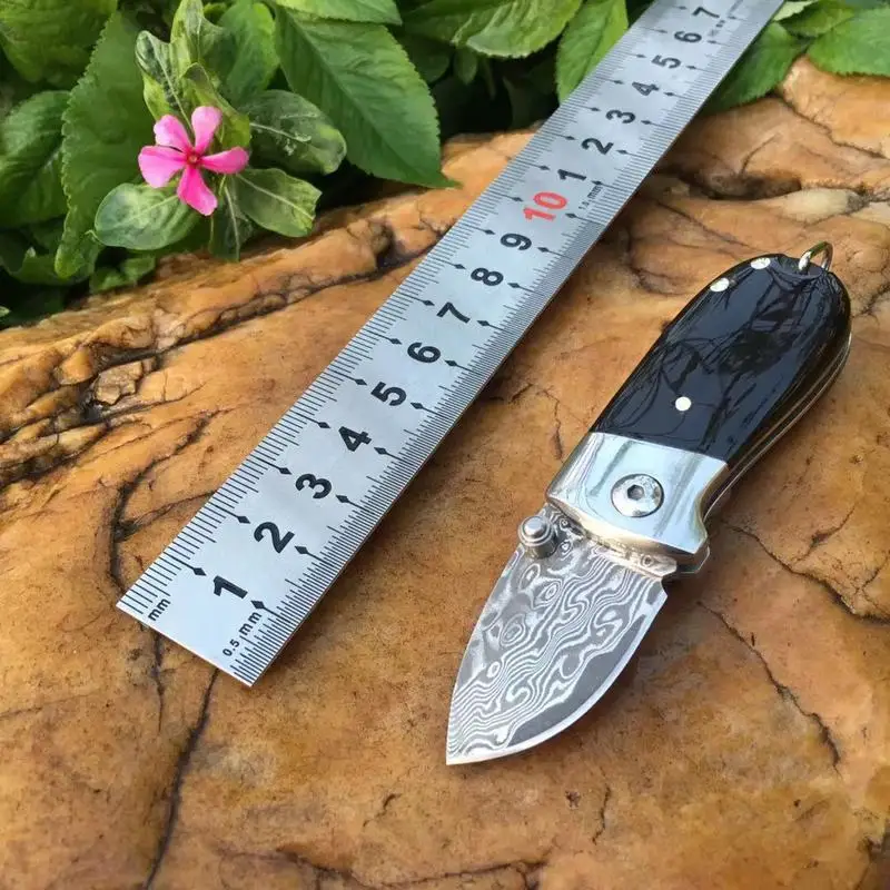 

60HRC Damascus Steel Folding Knife Pattern Blade + Natural Black Horn Handle Outdoor EDC Tactical Survival Knive ​Hunting Knife