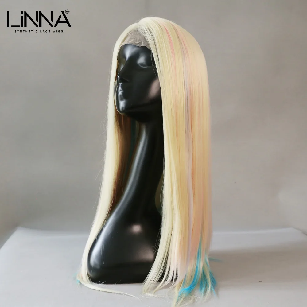 

LINNA Synthetic Lace Wigs For Women Long Straight Blonde Pink Wig High Temperature Fiber Average Size Swiss Lace Cosplay Wigs