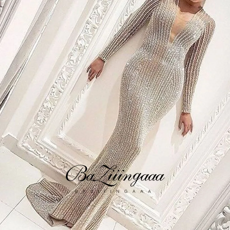 

BAZIIINGAAA Luxury Evening Dresses Long Woman Gown 2021 Sequins Robe De Soir Parties Plus Size Bride Dress Prom Party Gowns