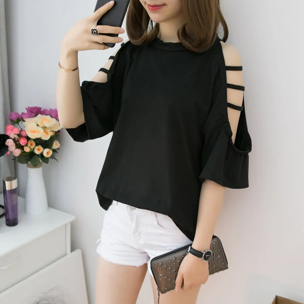 Korean Fashion T-Shirt For Women Bandage Off Shoulder Solid Color Top Half Sleeve Female Tshirt Cropped Streetwear | Женская одежда