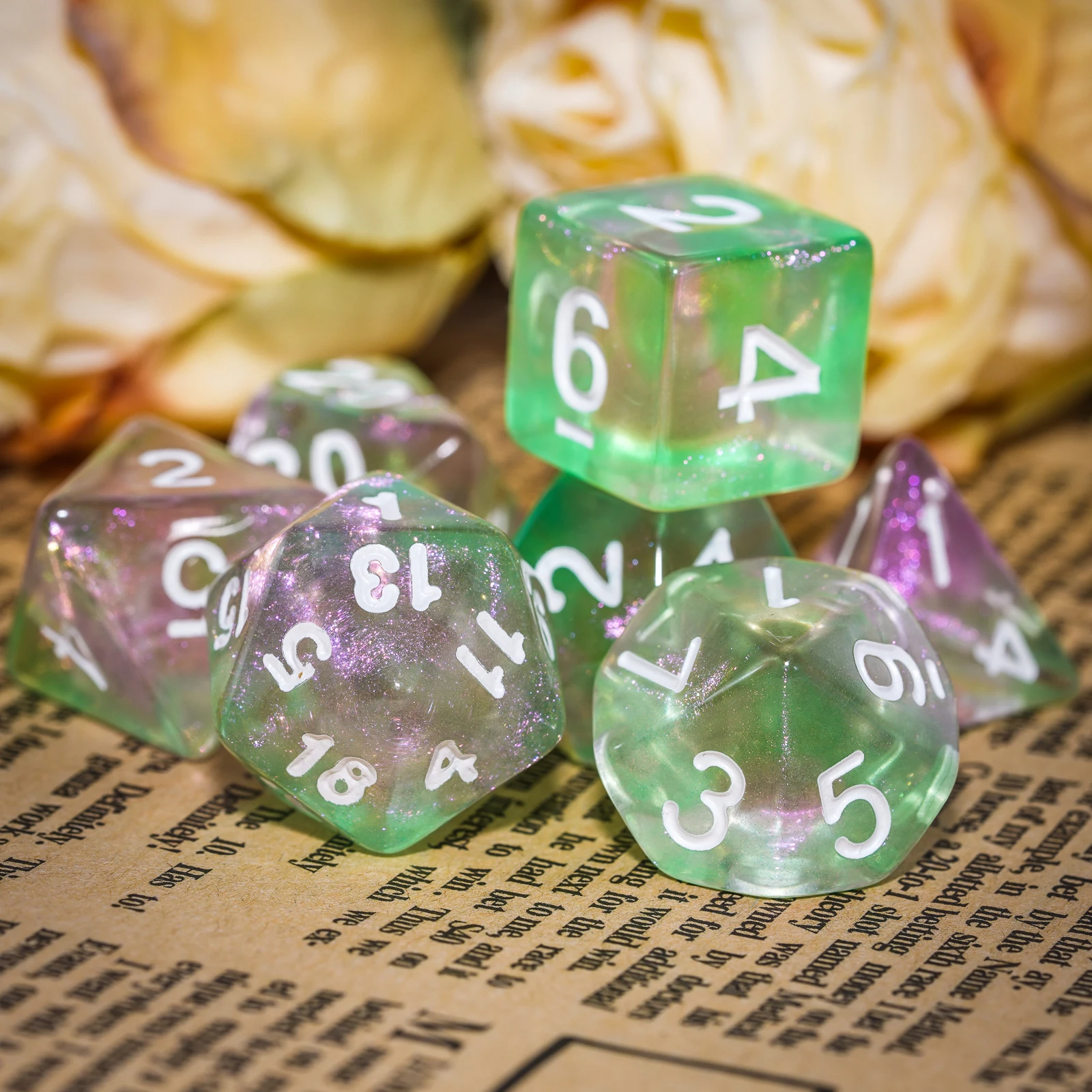 7 шт./компл. розовый/зеленый игральные кости DND набор D4 D6 D8 D10 D % D12 D20 прозрачные с