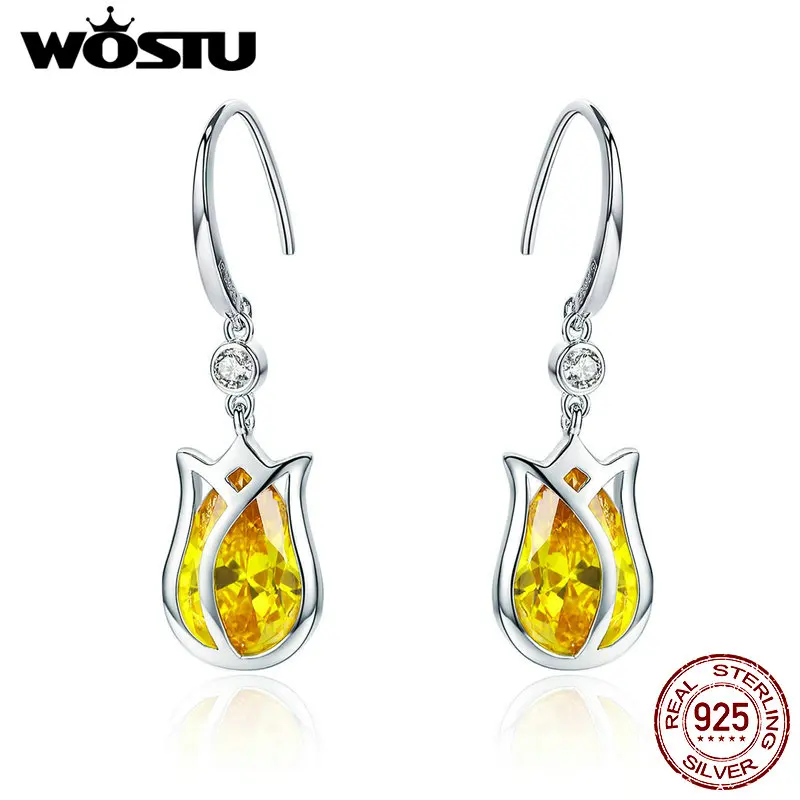 WOSTU 925 пробы серебряные висячие серьги с цветами Желтые тюльпаны ослепительные серьги-кольца с цирконом для женщин блестящие 925 ювелирные изделия CTE065