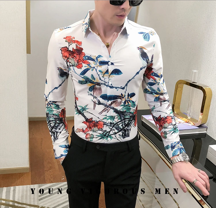 

Men Floral Print Shirts Social Nightclub Party Men Shirt 2021 Casual Slim Fit Blouse Homme Casual Long Sleeve Camisa Masculina