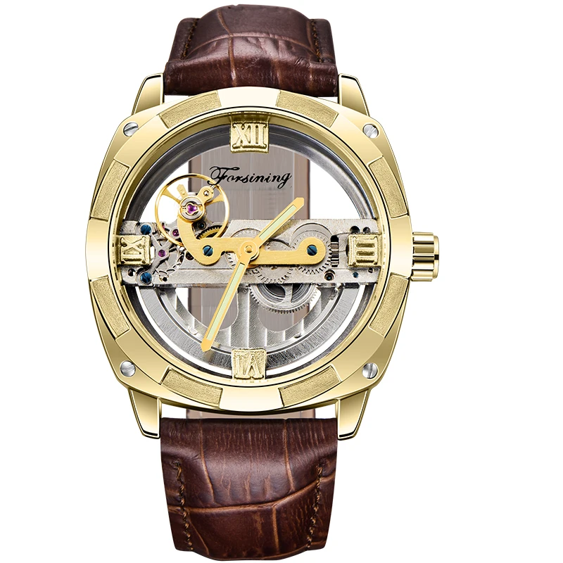 

Forsining Double Side Transparent Military Mens Hollow Steampunk Leather Top Brand Luxury Automatic Sport Watch Drop Shipping