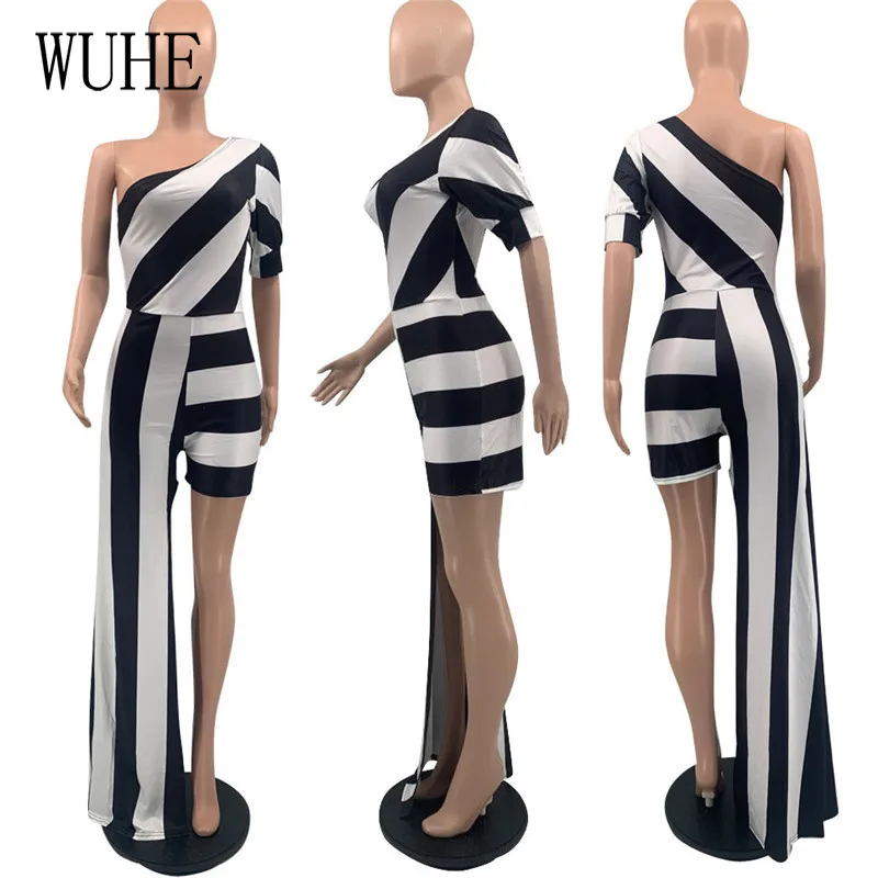 

WUHE Irregular Skinny Playsuits Patchwork Color Contrast Strapless Oblique Shoulder Sleeveless Bag Hip Sports Streetwear Casual