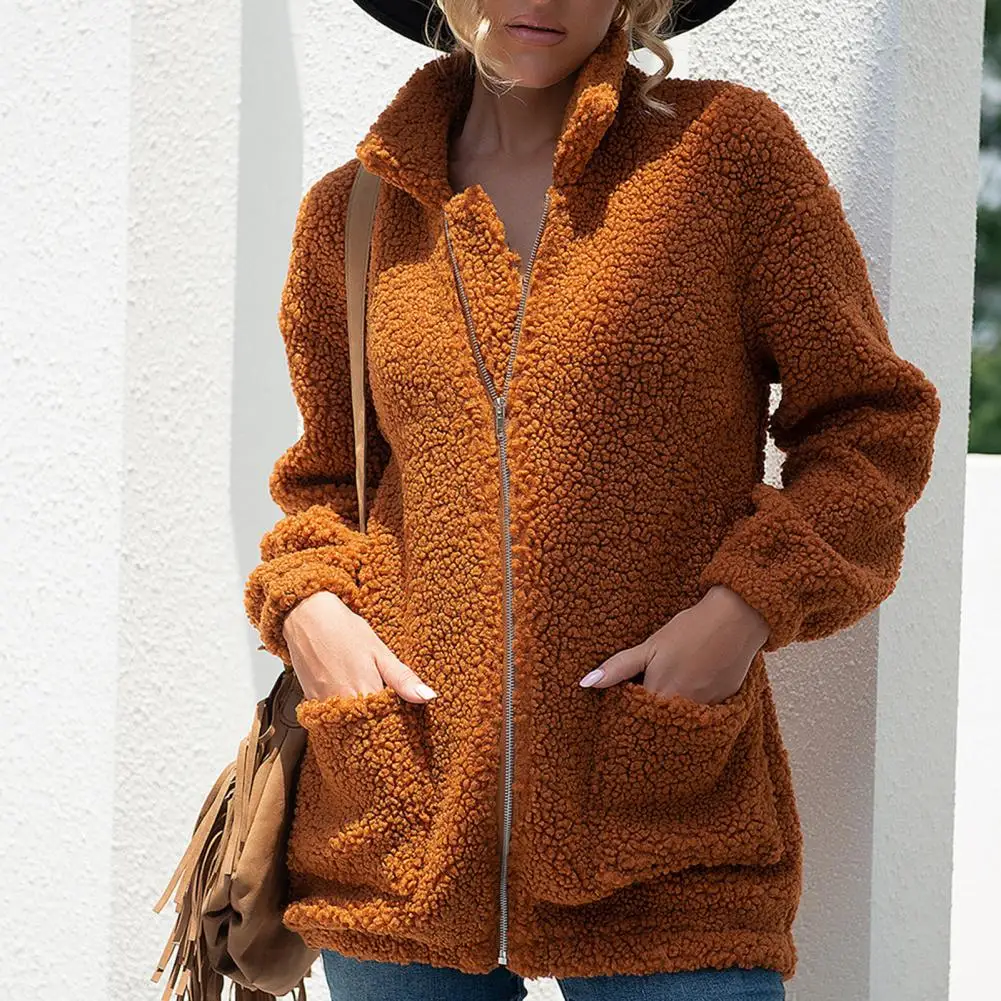 

Women Elegant Stand Collar Warm Cardigan Jacket Soft Fluffy Jacket Long Sleeve Outerwear