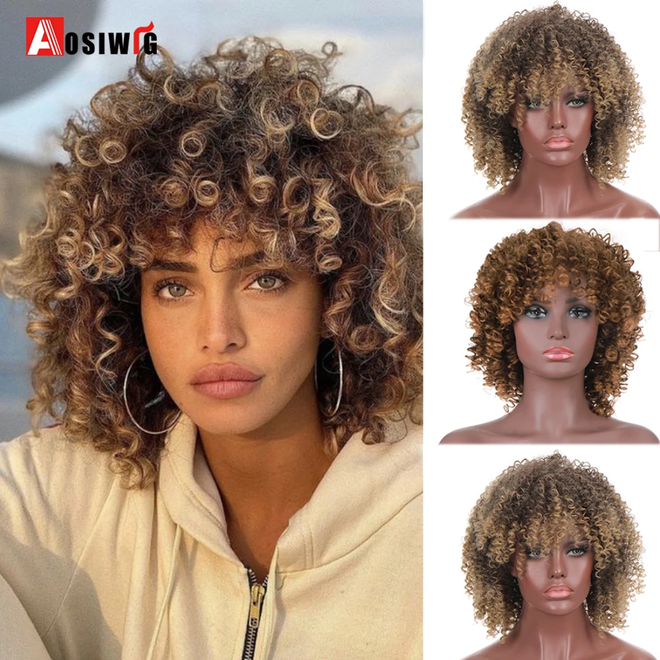 

AOSI афро кудрявый парик, синтетический короткий парик с челкой, смешанный коричневый и черный парик для чернокожих женщин