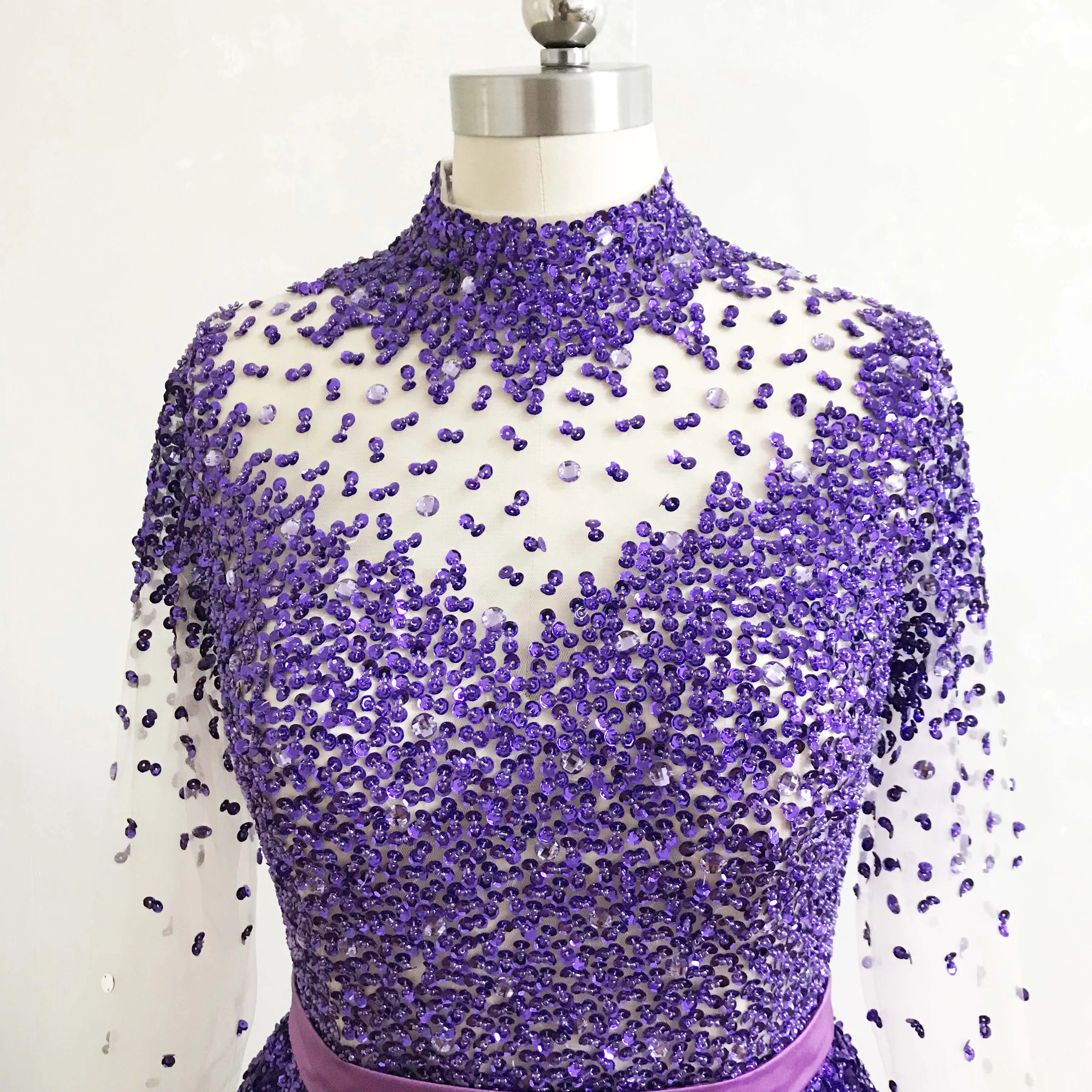 Best Selling Purple High Collar Beaded Heavily Long Sleeve A Line Prom Dresses