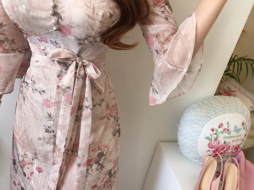 Женское шифоновое платье миди с принтом элегантное облегающее чулок лето