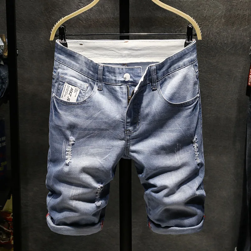 

Denim Shorts New Arrival Summer Holes Blue Short Jeans High Quality Men Cotton Stretch Jean Shorts Knee Length Jeans Size 36