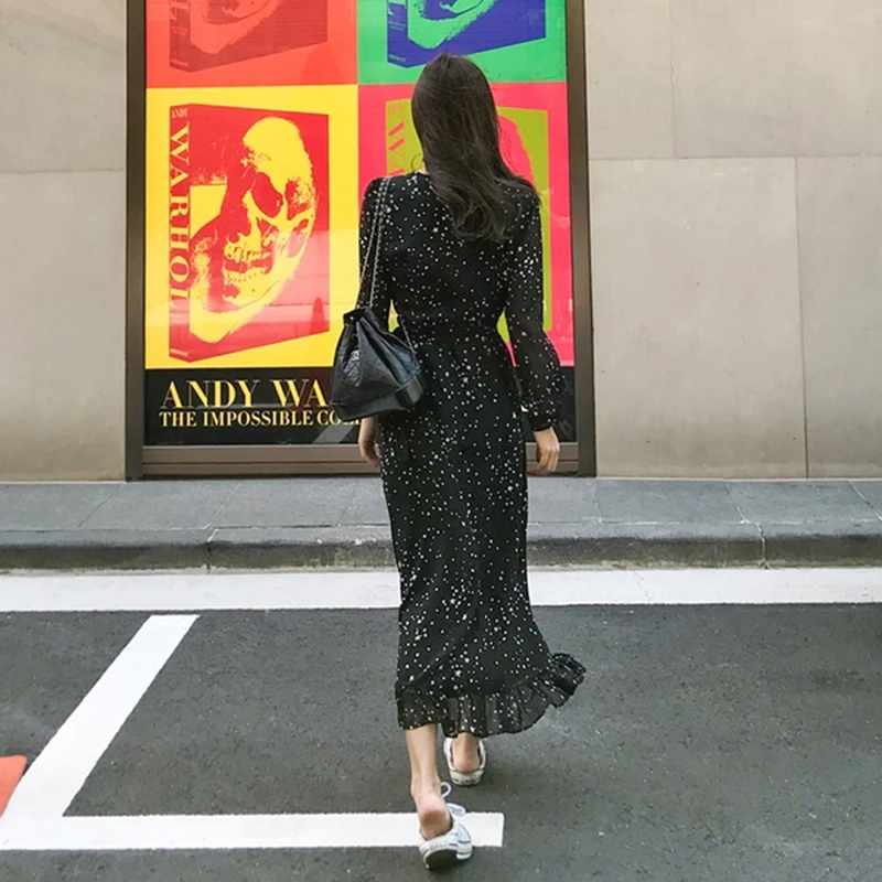 Элегантное шифоновое женское длинное платье с оборками и принтом звезд Осеннее