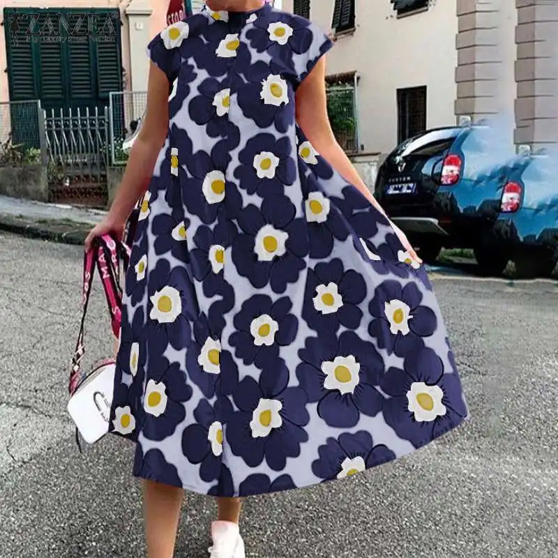 

Womens Summer Elegant Midi Dress ZANZEA Bohemian Beach Robe Female Vintage Floral Print Vestido Casual Chic Short Sleeve Dresses