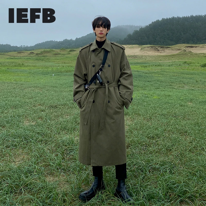 IEFB 2023 Autumn New Men's Windbreaker Medium Length Over Knee Loose Korean Handsome Trend Trench Coat With Belt Casual 9Y5488