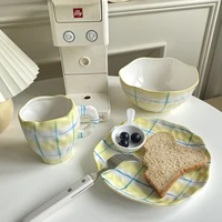 ins style retro mug hand pinched ceramic cup and dish household fruit bowl dessert dish set lattice home decoration desktop