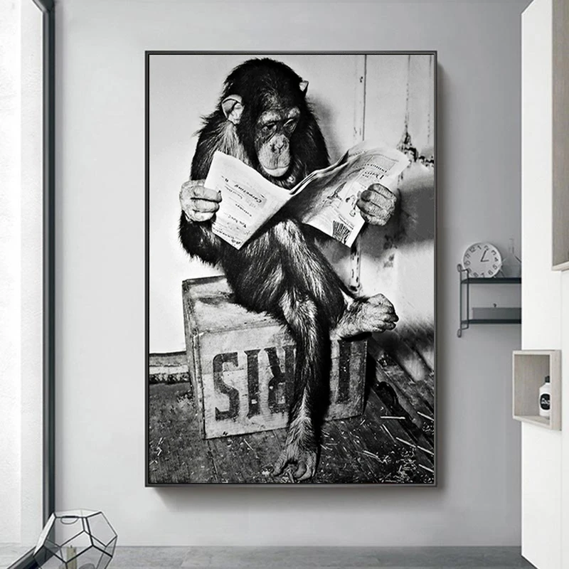 

Black and White Monkey Reading Newspaper Canvas Painting Orangutan Animal Painting Posters and Prints Wall Decoration Picture