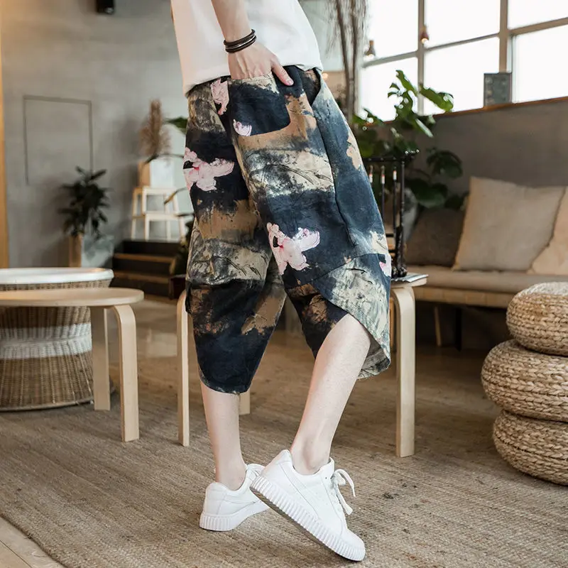 

Summer Chinese style Harun beach pants cotton shorts men hip-hop casual pants knickerbockers loose seven point wide legs