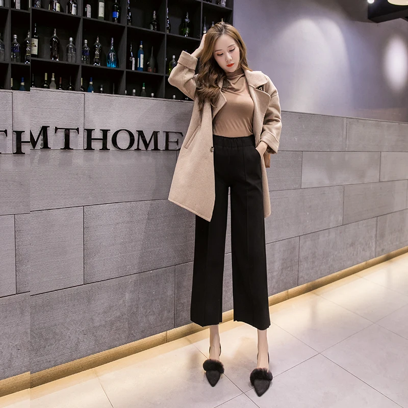 

XIBUSANA 2020 Autumn Winter Straight Woolen Wide Leg Pants Women Nine-point Pants High Waist Pants Casual Loose Harem Pants Lady