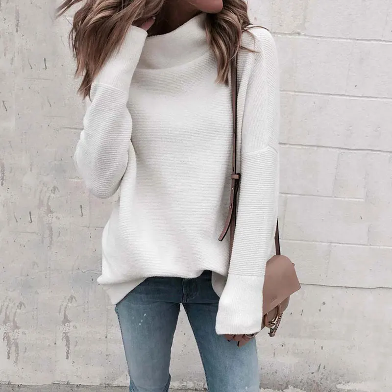 Женский свитер с высоким воротом вязаный длинным рукавом Свободный теплый