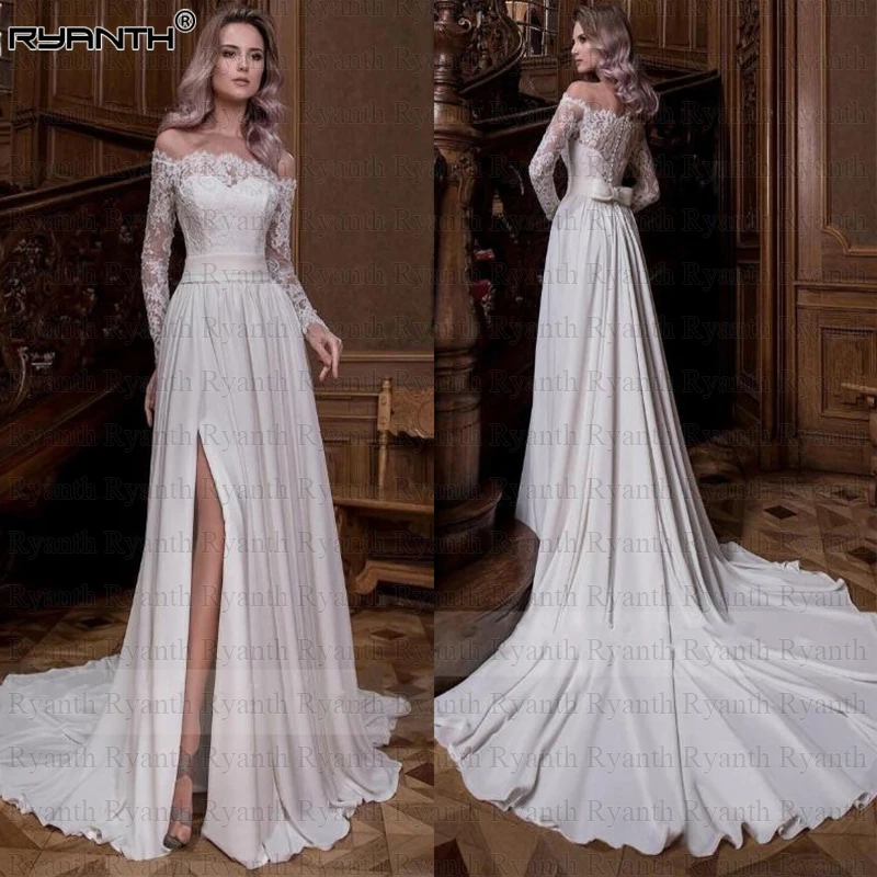 

Cheap Side Slit Vestido de noiva Sexy Off The Shoulder Long Sleeves Lace Boho Wedding Dress 2019 Robe de mariee