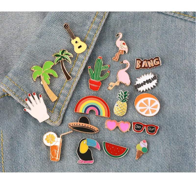 

New Pineapple Rainbow Lips Juice Flamingos Sunglass Watermelon Hat Guitar Brooch Denim Jacket Pin Badge Fashion Jewelry