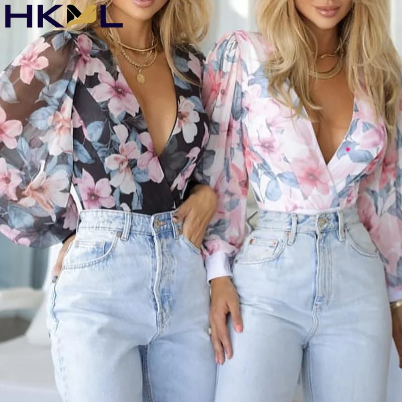

Women Top Long Sleeve Deep V Neck Hollow Out Flroal Printed Shirt Pullover Sexy Office Top Spring Autumn 2021