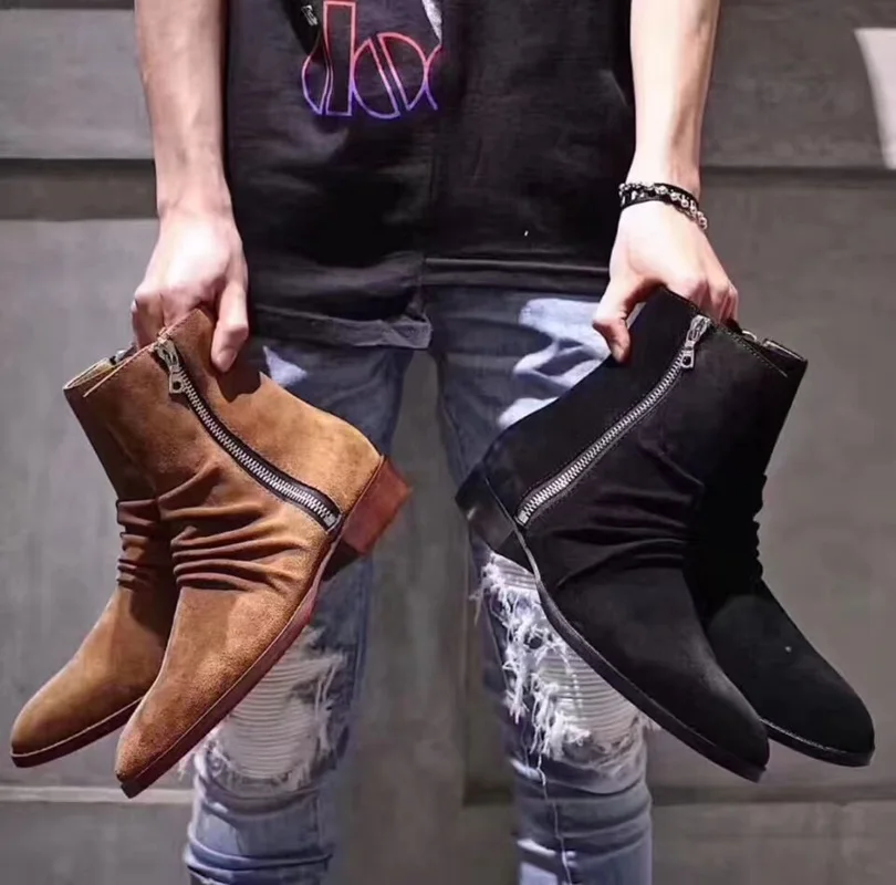 Мужские классические ботинки коричневые ботильоны с круглым носком Осень-зима