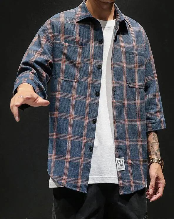 Sports Casual Three-quarter Sleeve Shirt Summer Men Plaid Shirt  Design Social Casual Men Dress Shirts