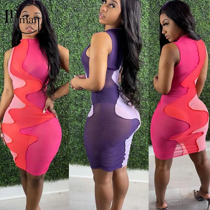 

Inwoman Sexy Club 2021 Summer See Through Patchwork O Neck Mini Pencil Dress Women Sleeveless Short Party Bodycon Ladies Dresses