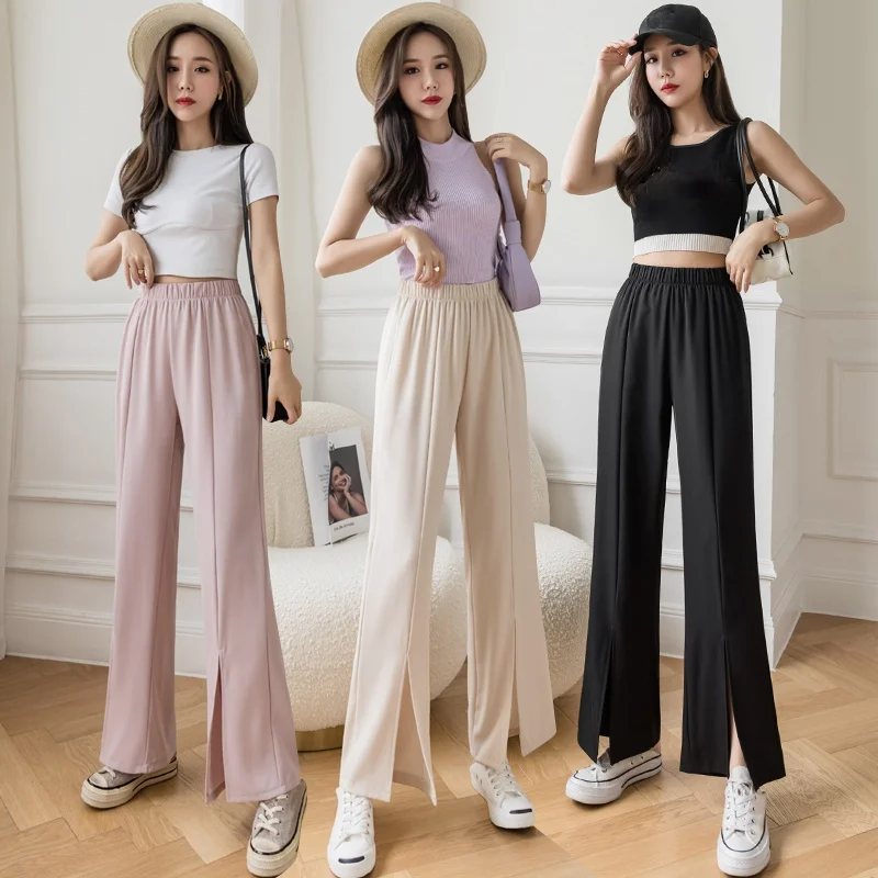 

Casual Elastic High Waist Slit Straight Pants Women Spring Summer Solid Color Office Lady Long Trousers Female Chic Loose Pants