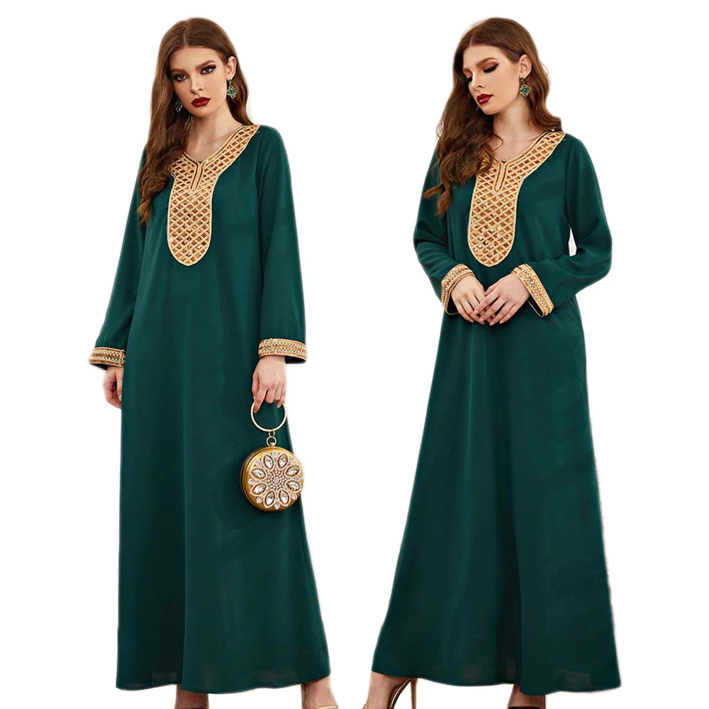 Женское однотонное длинное платье, с длинным рукавом, с блестками, мусульманский, этнический, арабский, абайя, исламский, Рамадан, макси-хала...