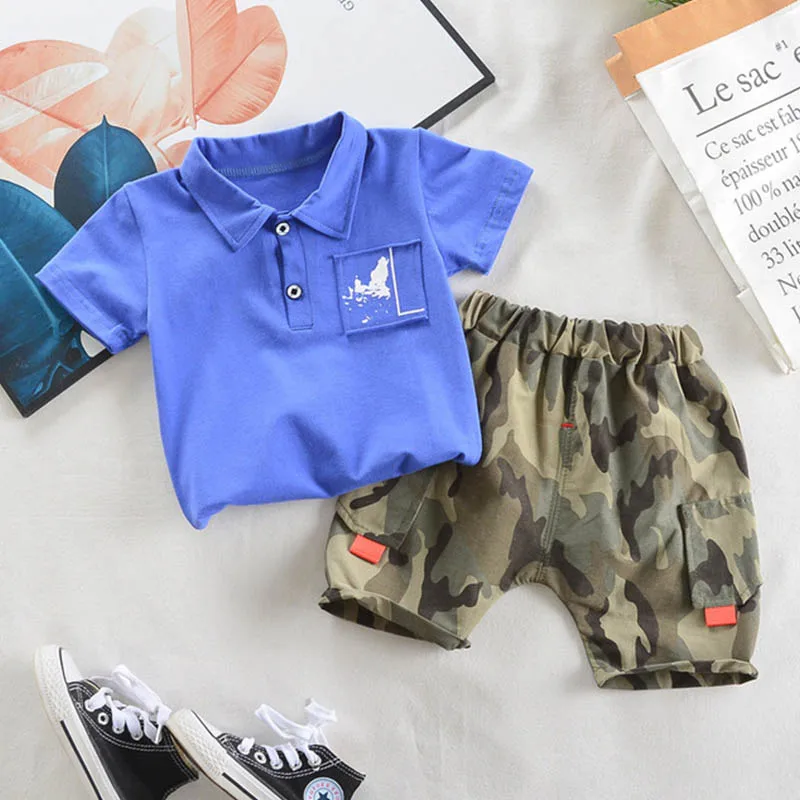 

New Summer Suit Boys Lapel T-Shirt + Camouflage Shorts Set Children Leisure Vitality Clothing 2PCS Kids Pullover Top + Pants