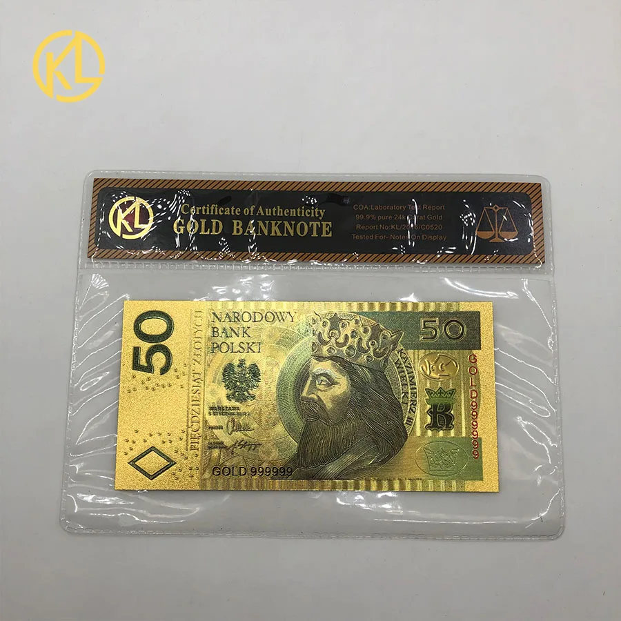 50PLN Горячее предложение, 1 шт., неизданный выпуск 1994 года, польская валюта, спроектированная цветная 24K позолоченная банкнота 500 злотых для банка, сувенирные подарки - Цвет: 50PLN
