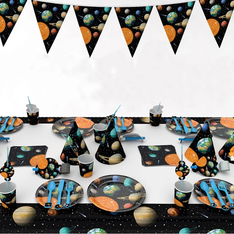Одноразовая посуда с мультяшным космосом бумажные тарелки чашка вилка украшение